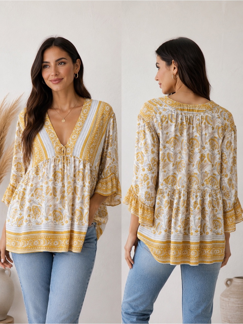 Rachel Zoe Yellow and Cream V-Neck Boho Tunic